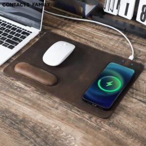 Crazy Horse Leather Wireless Charging Mouse Pad with Wrist Rest