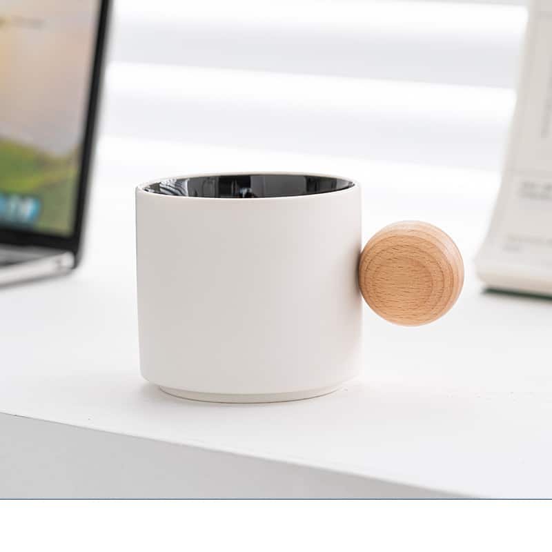 Custom Mini Ceramic 10oz Coffee Cup with Wood Saucer Set - 图片 2