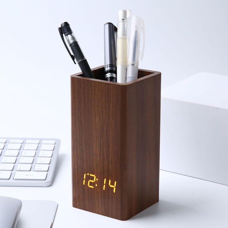 Sound-activated LED Wooden Desk clock with Pen Holder - Image 2