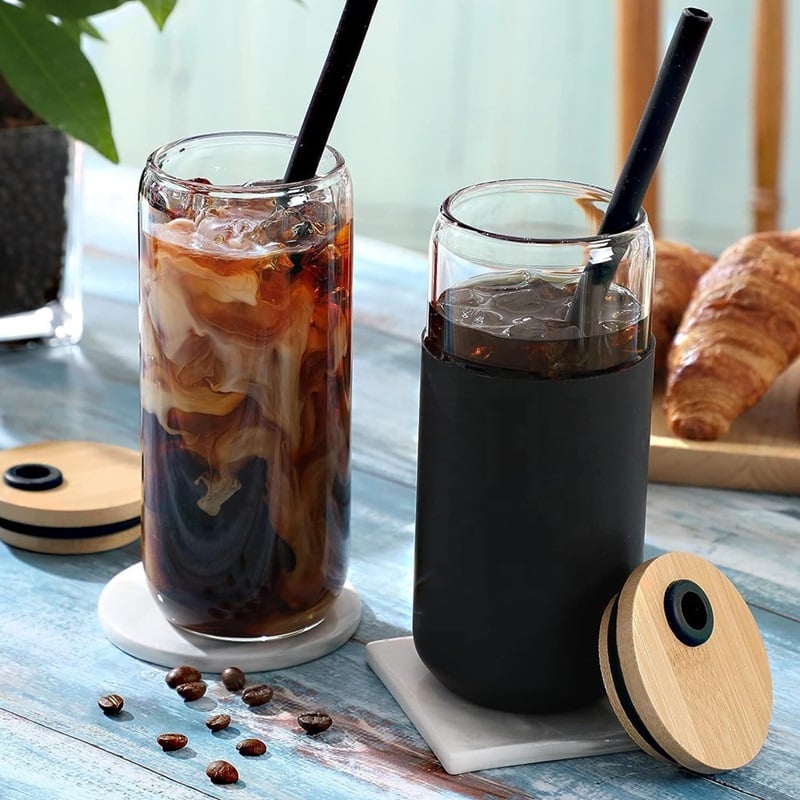 Creative Bamboo Lid Borosilicate Straw Glass 20oz - 图片 2