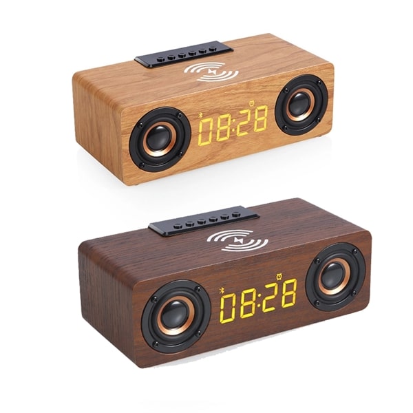 Wooden Digital Alarm Clock Speaker with Wireless Charging - 图片 2