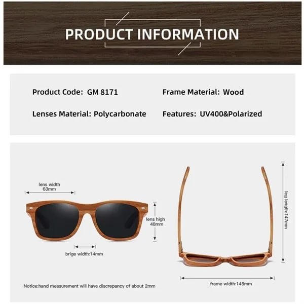 UV400 Unisex Wooden Frame Square Polarized Sunglasses - 图片 3