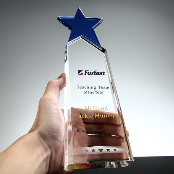Clear Crystal Acrylic Trophy Paperweight Decoration with Blue Stars - 图片 3
