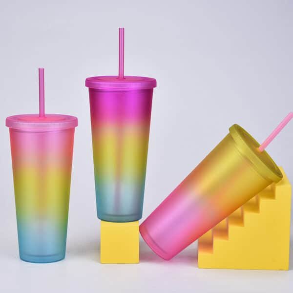 Rainbow Color Double Layer Plastic Straw Mug Frosted Handy Cup Outdoor Sports Bottle - 图片 3