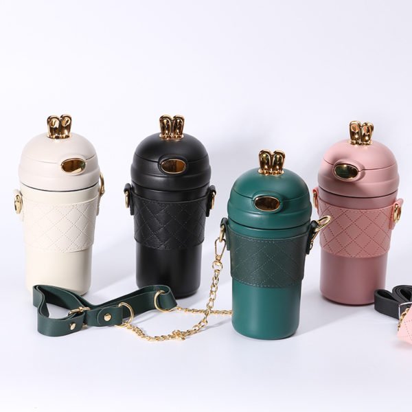 15oz Stainless Steel Vacuum Bottle with Bunny Ear cap and Crossbody Sleeve - 图片 3