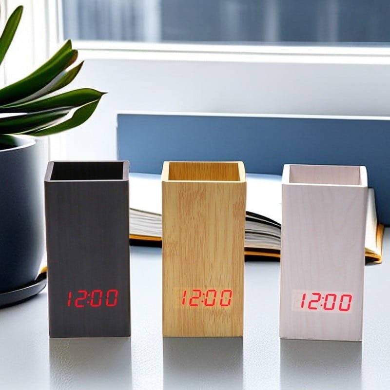 Sound-activated LED Wooden Desk clock with Pen Holder - Image 3