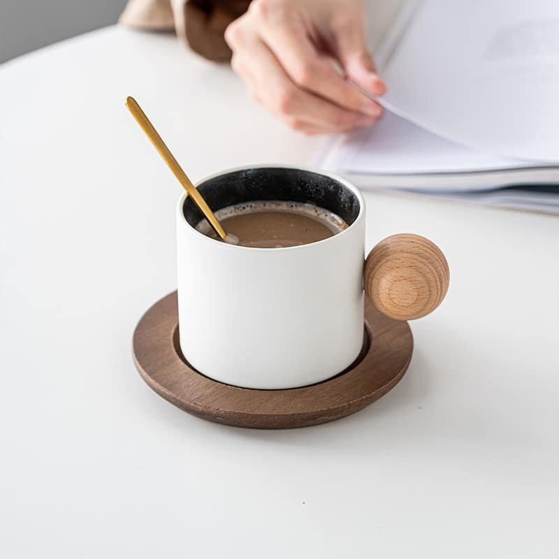 Custom Mini Ceramic 10oz Coffee Cup with Wood Saucer Set - 图片 3