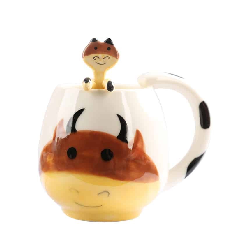 Cow Design Ceramic Mug with Spoon - 图片 3