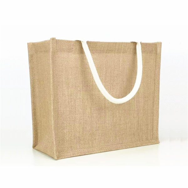 Natural Jute Bag w/ Cotton Handles Gusset Shopping Tote - 图片 4