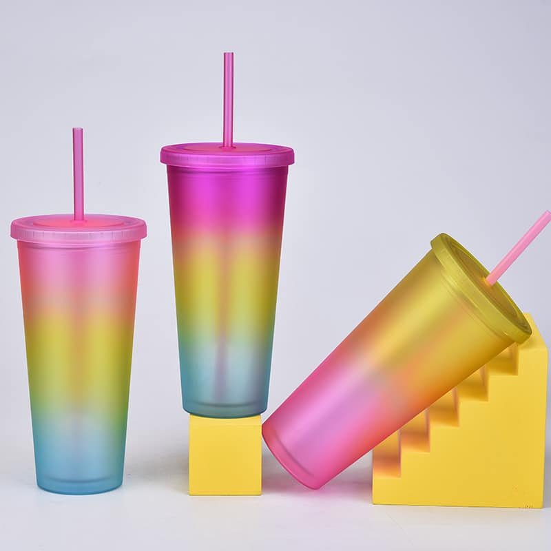 Rainbow Color Double Layer Plastic Straw Mug Frosted Handy Cup Outdoor Sports Bottle - 图片 4