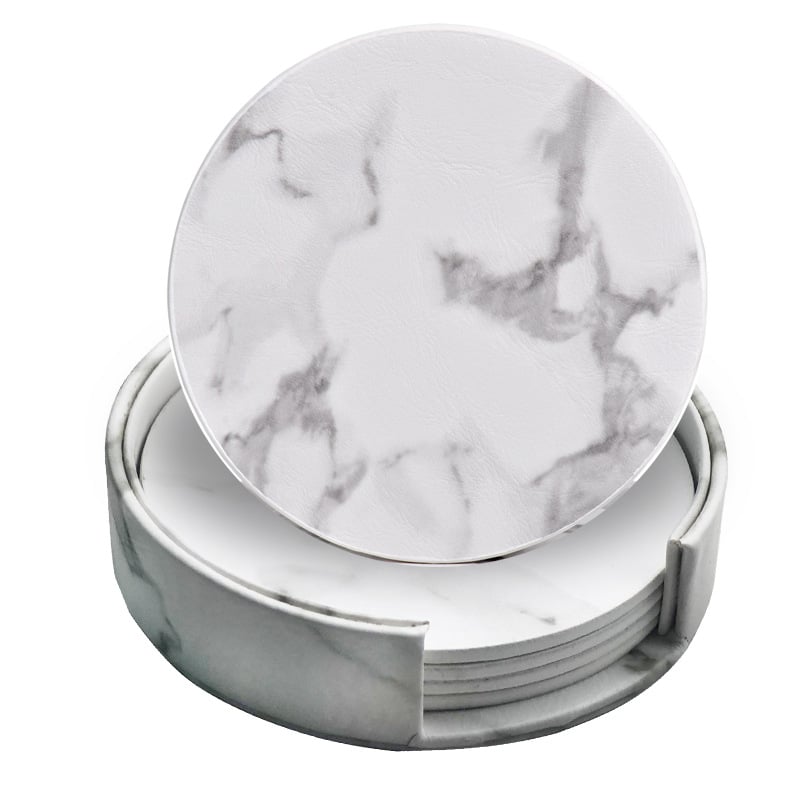 Insulated PU Marble Leather Round Coaster Set - 图片 4