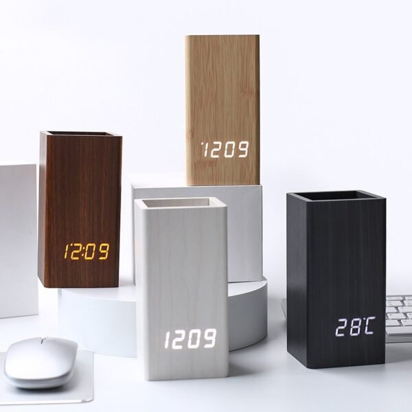 Sound-activated LED Wooden Desk clock with Pen Holder - Image 4