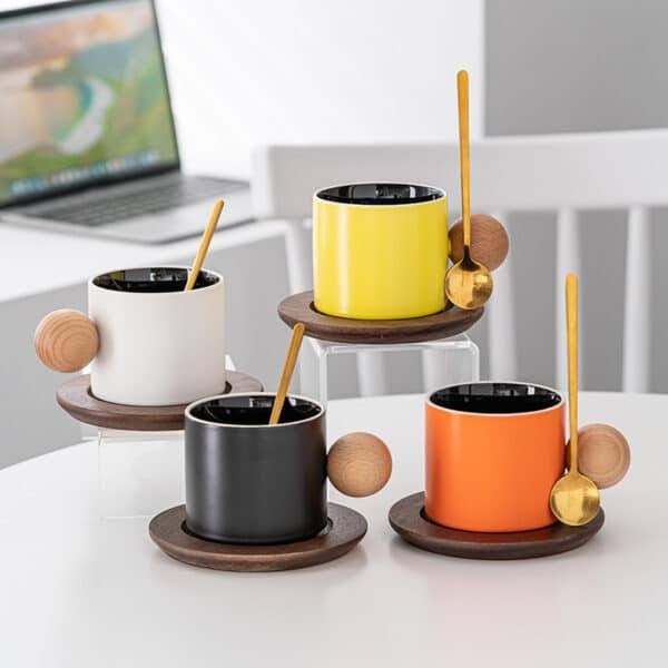 Custom Mini Ceramic 10oz Coffee Cup with Wood Saucer Set - 图片 4