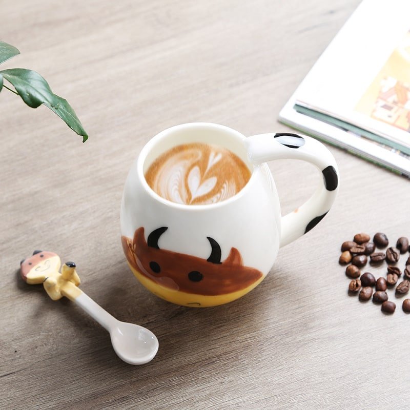 Cow Design Ceramic Mug with Spoon - 图片 4