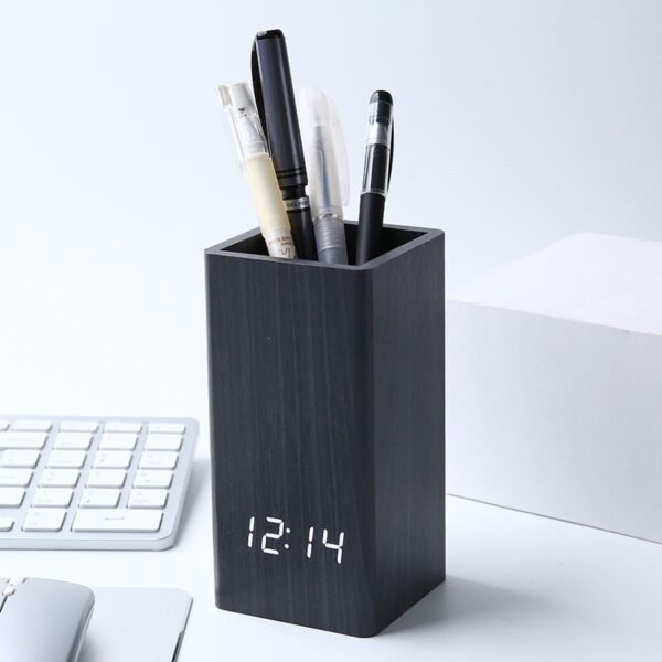 Sound-activated LED Wooden Desk clock with Pen Holder - Image 5