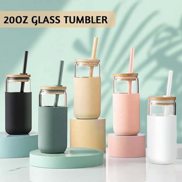 Creative Bamboo Lid Borosilicate Straw Glass 20oz - 图片 5