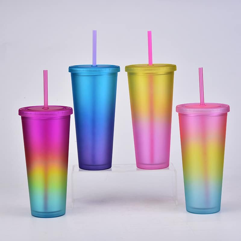 Rainbow Color Double Layer Plastic Straw Mug Frosted Handy Cup Outdoor Sports Bottle - 图片 6