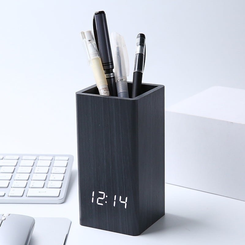 Sound-activated LED Wooden Desk clock with Pen Holder - Image 6